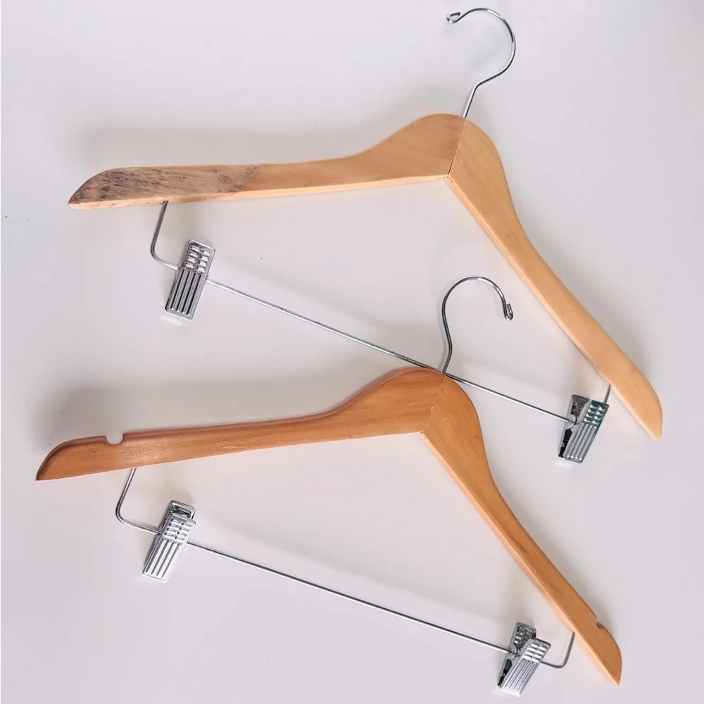 2 VINTAGE Wooden Slacks Pants & Skirt Hangers - Light Wood & Chrome Clamps